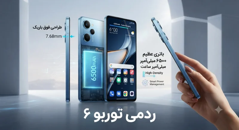 باتری غولپیکر ۱۰ هزار میلیآمپری ردمی توربو ۶ نمایش باتری بزرگ و طراحی باریک گوشی ردمی توربو ۶