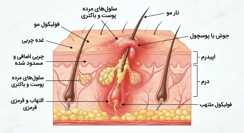 تصویرسازی دلایل ایجاد جوش و التهاب روی کف سر شامل چربی اضافی و فولیکول ملتهب
