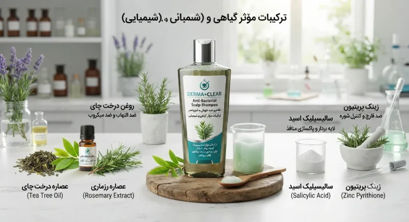 ترکیبات مؤثر گیاهی و شیمیایی شامپو ضد جوش سر مانند سالیسیلیک اسید و روغن درخت چای