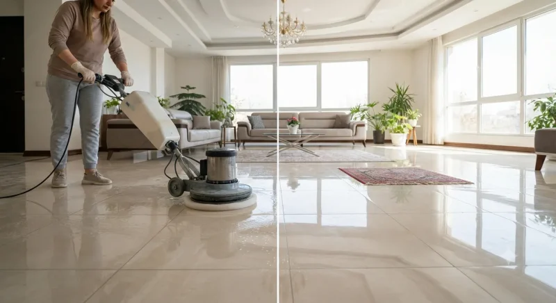 مقایسه برق انداختن سرامیک کف سالن با تکنیک صحیح و نمایش درخشش نهایی