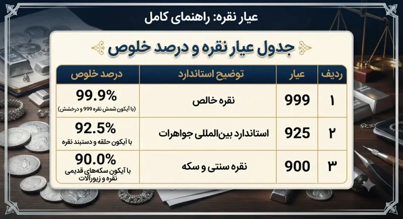 جدول عیار نقره شامل عیارهای ۹۹۹، ۹۲۵ و ۹۰ به همراه درصد خلوص