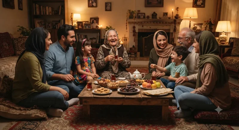 دورهمی خانوادگی ساده و صمیمی با نورپردازی گرم و تنقلات خانگی