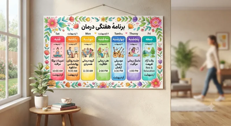 برنامه ى پيشنهادى هفته بر اساس نياز هاى متفاوت تقويم هفتگى رنگارنگ نشان دهندۀ روزهاى مختلف درمان