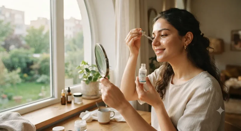 زن جوان در حال استفاده از سرم هیالورونیک اسید در نور صبحگاهی کنار پنجره