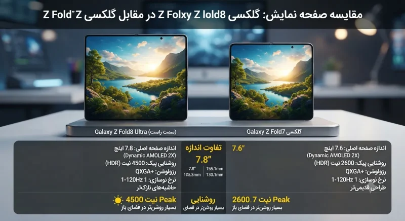 مقایسه صفحه نمایش گلکسی Z Fold8 Ultra و Z Fold7 مقایسه صفحه نمایش گلکسی Z Fold8 Ultra و Z Fold7 از نظر روشنایی و اندازه