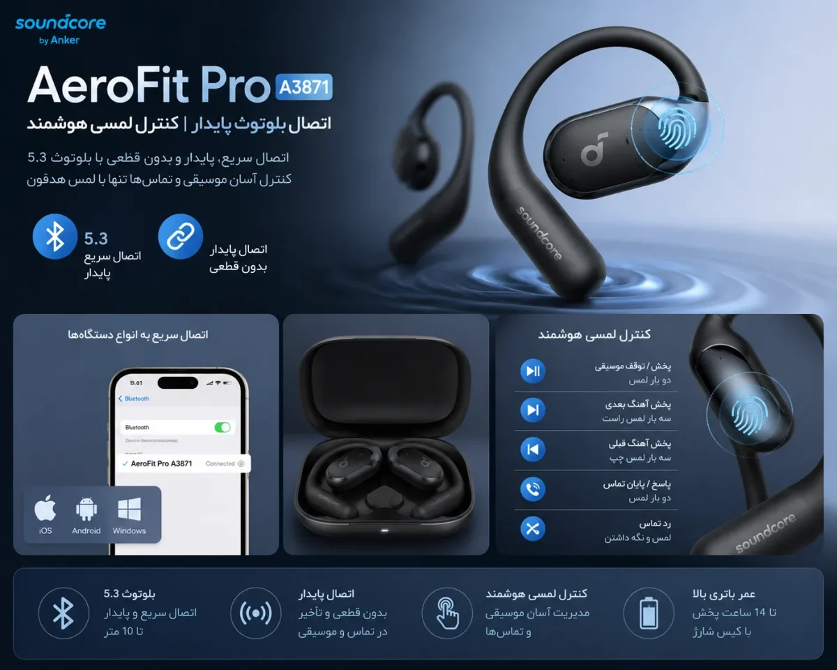 هدفون انکر AeroFit Pro A3871 با اتصال بلوتوث پایدار و کنترل لمسی