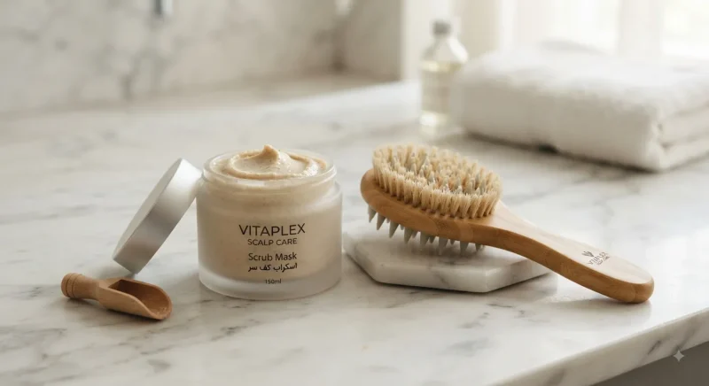 ماسک اسکراب ویتاپلکس Scalp Care روی سطح مرمری در کنار ابزار ماساژ کف سر