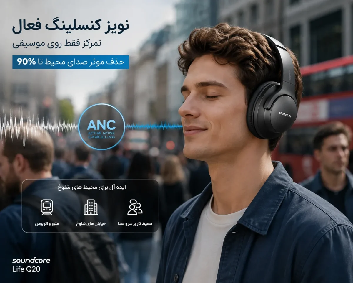 نویز کنسلینگ فعال هدست انکر Life Q20 در محیط شلوغ شهری