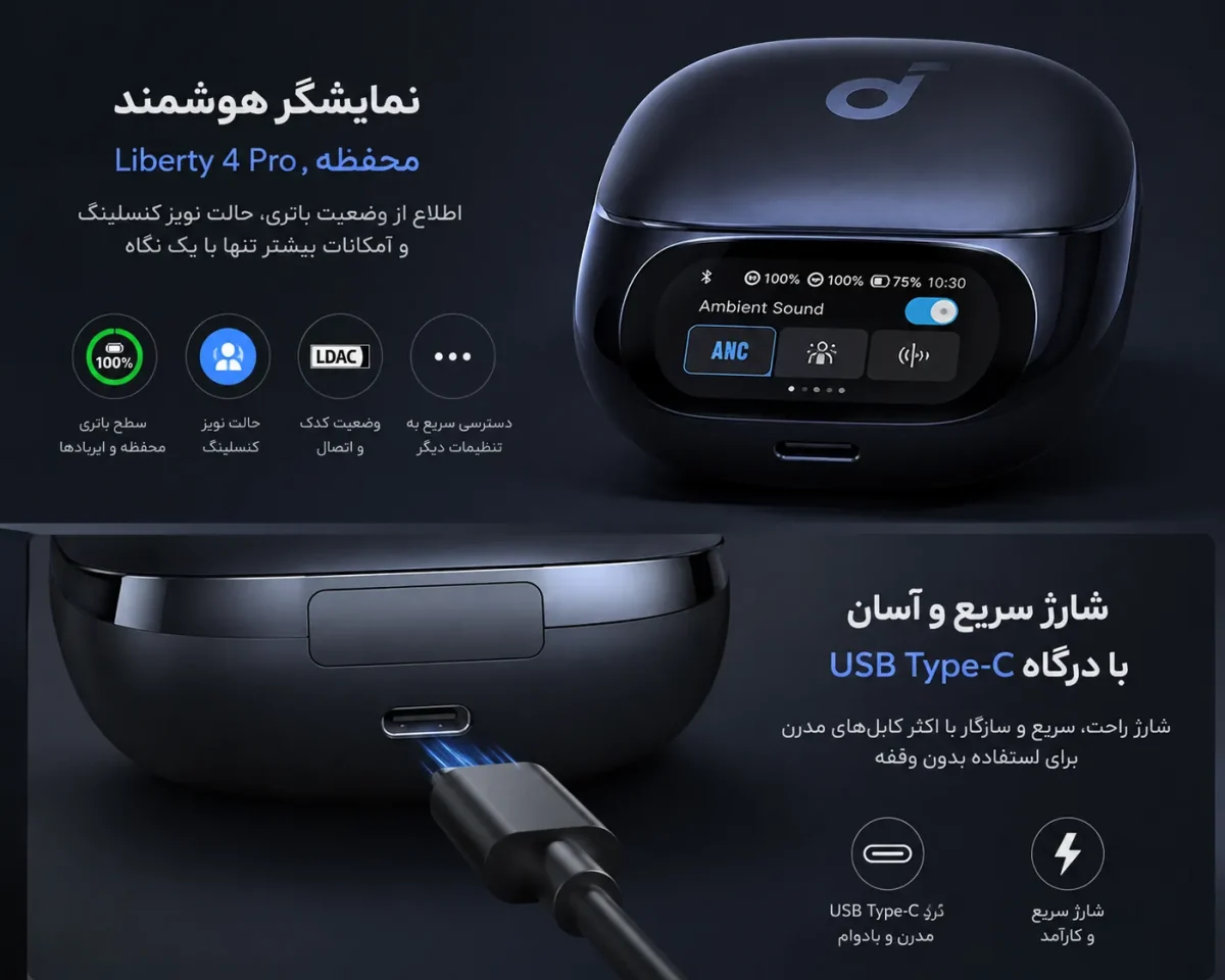 نمایشگر محفظه شارژ و درگاه USB Type-C در هدفون انکر Liberty 4 Pro