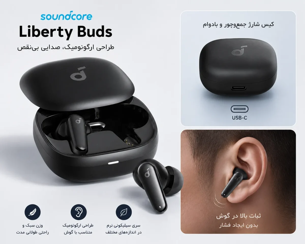 تصویر کیس شارژ و طراحی ارگونومیک هدفون انکر Liberty Buds