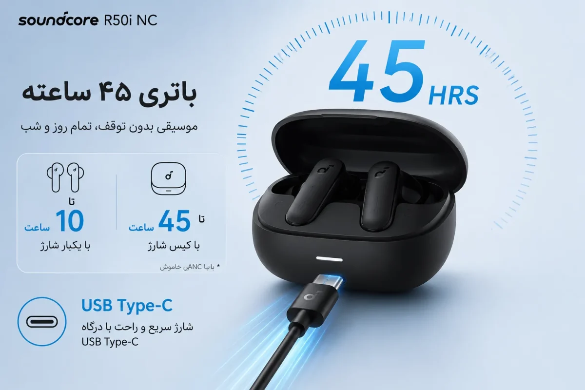 باتری ۴۵ ساعته و درگاه USB Type-C هدفون انکر R50i NC باتری ۴۵ ساعته و درگاه USB Type-C هدفون انکر R50i NC