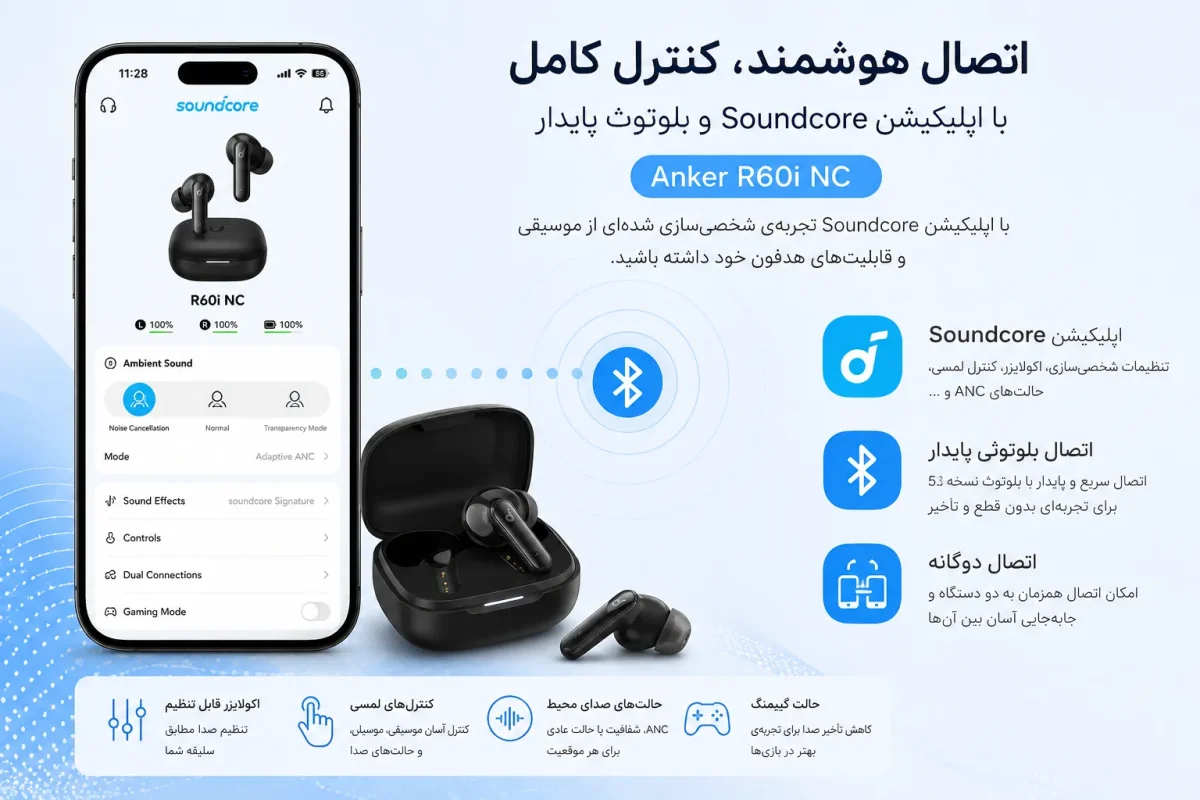 اپلیکیشن Soundcore و اتصال بلوتوثی هدفون انکر R60i NC