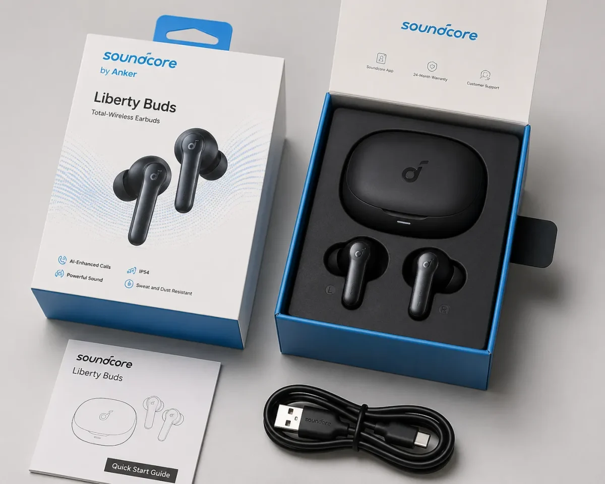 هدفون بلوتوثی انکر Soundcore Liberty Buds در جعبه باز شده