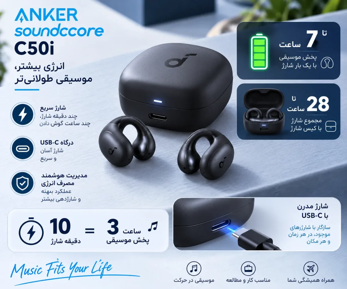 باتری و عملکرد شارژ هدفون انکر Soundcore C50i