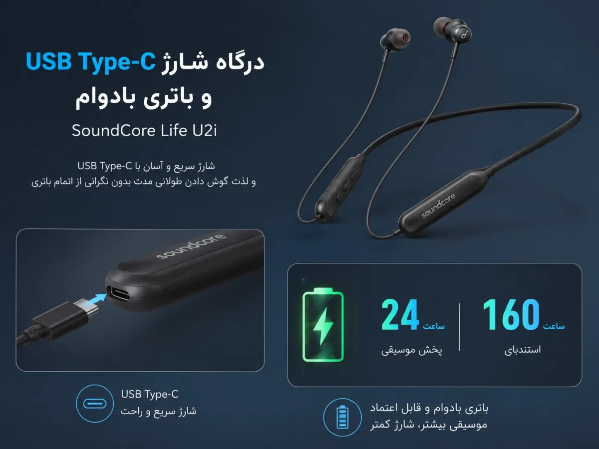 درگاه شارژ USB Type-C و باتری بادوام هدفون بلوتوثی گردنی انکر SoundCore Life U2i