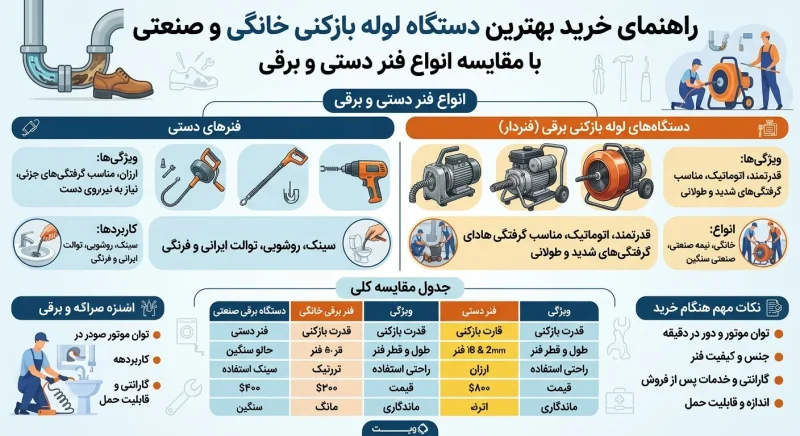 راهنمای خرید بهترین دستگاه لوله بازکنی خانگی و صنعتی با مقایسه انواع فنر دستی و برقی