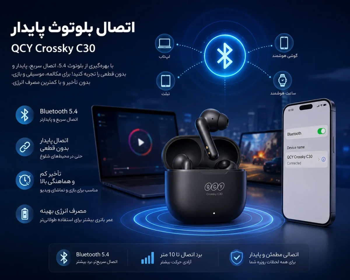 اتصال بلوتوث پایدار هدفون کیو سی وای Crossky C30