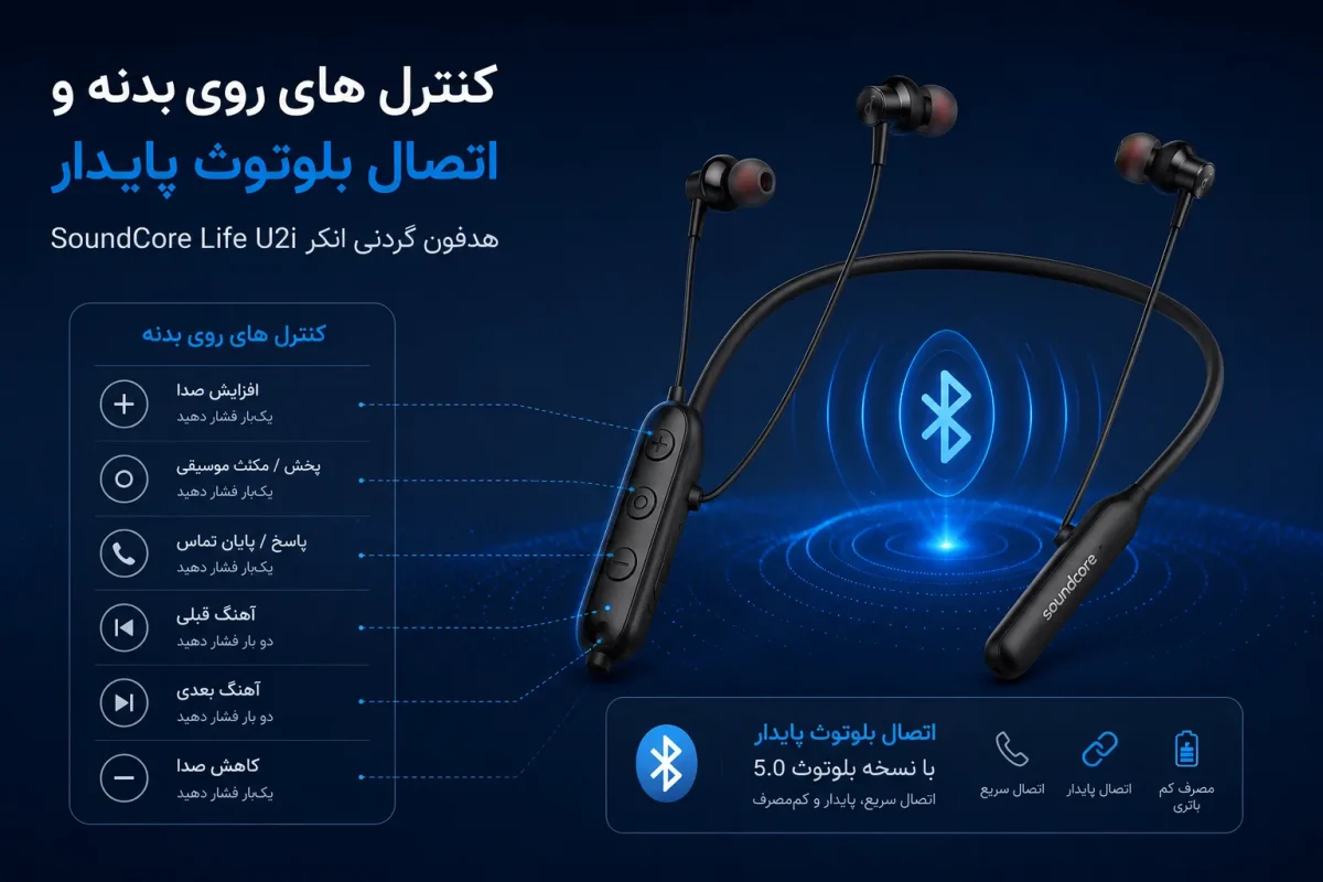 کنترل های روی بدنه و اتصال بلوتوث پایدار هدفون گردنی انکر SoundCore Life U2i