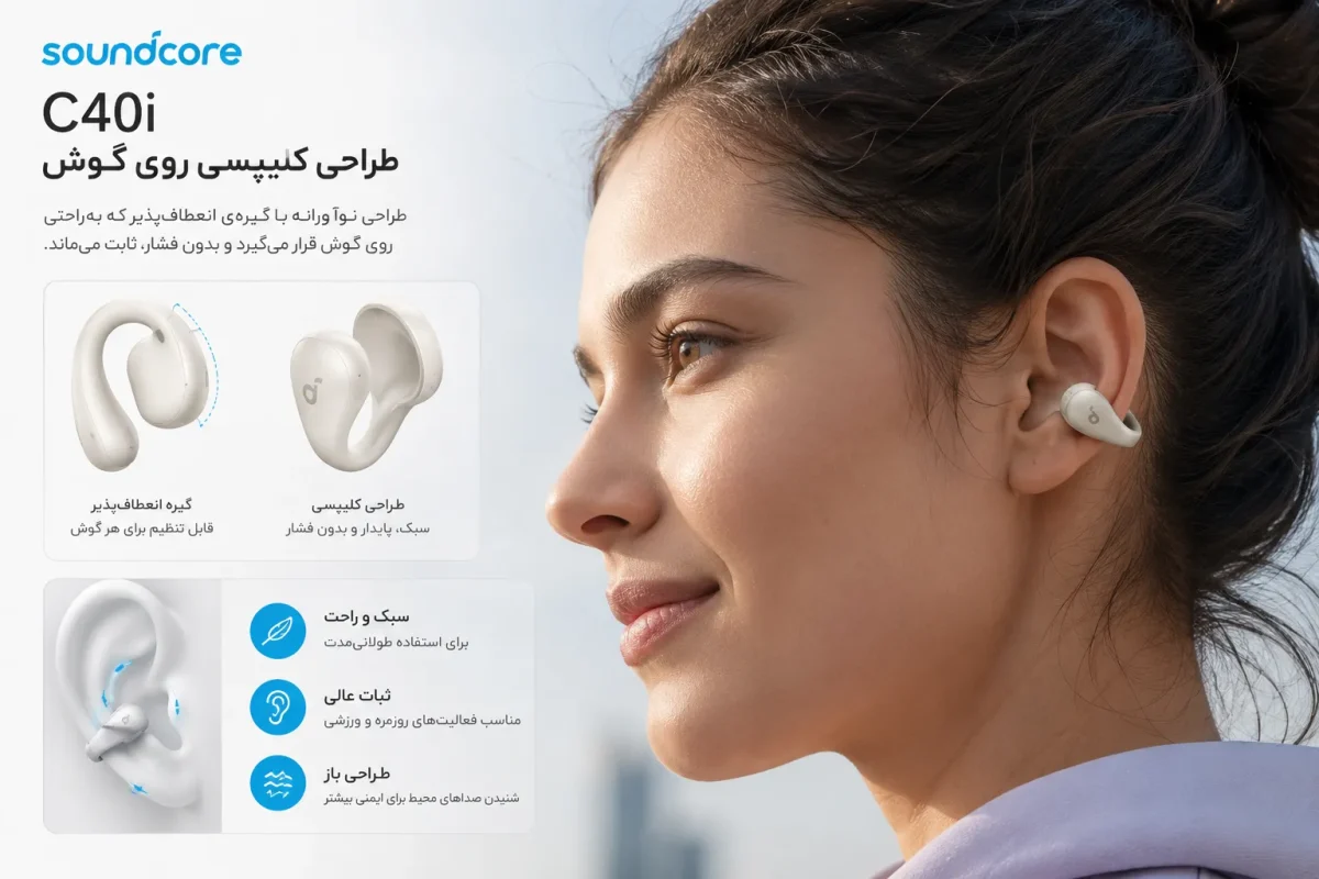 طراحی کلیپسی هدفون انکر ساندکور C40i روی گوش