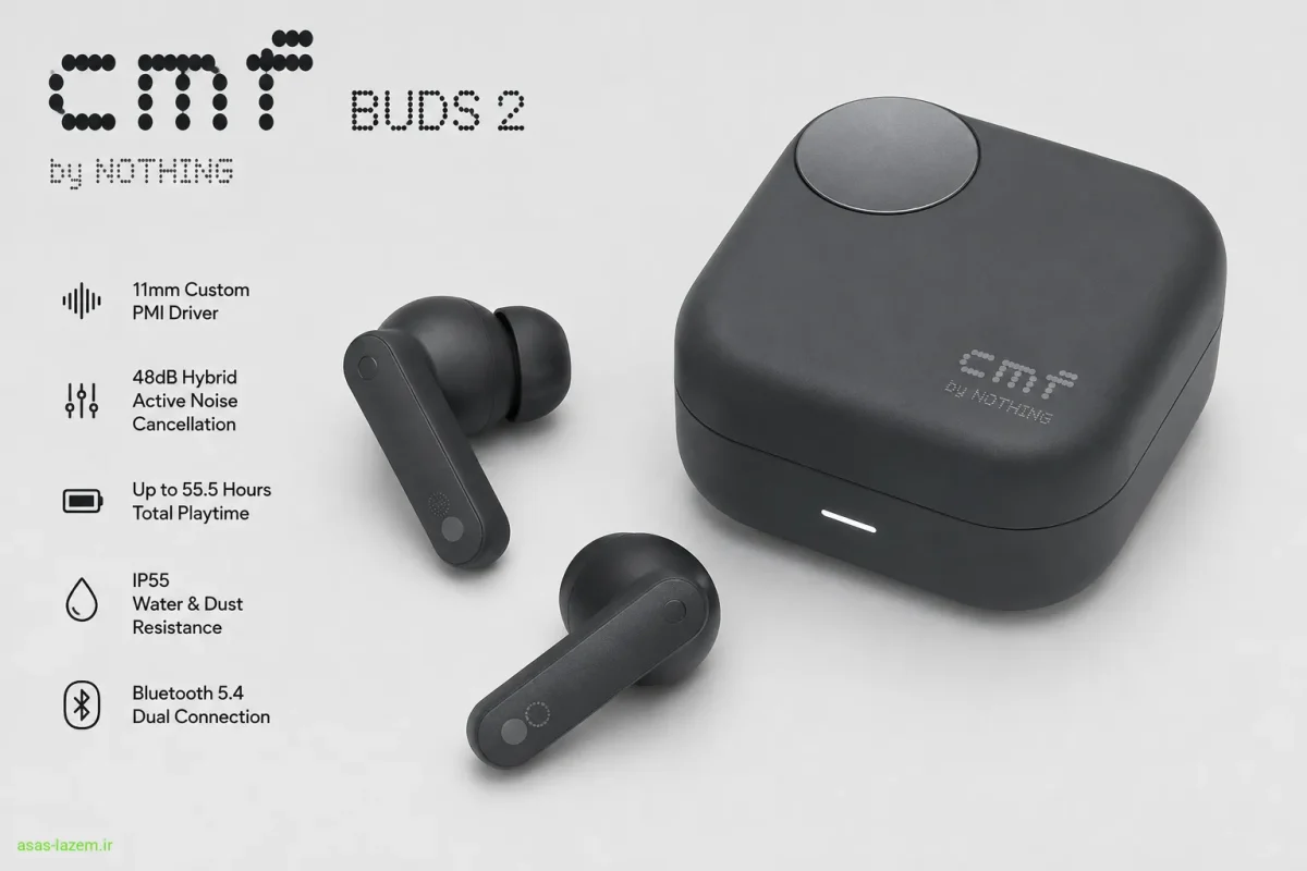 نمای کلی هدفون بلوتوثی ناتینگ مدل CMF Buds 2 در کنار کیس شارژ