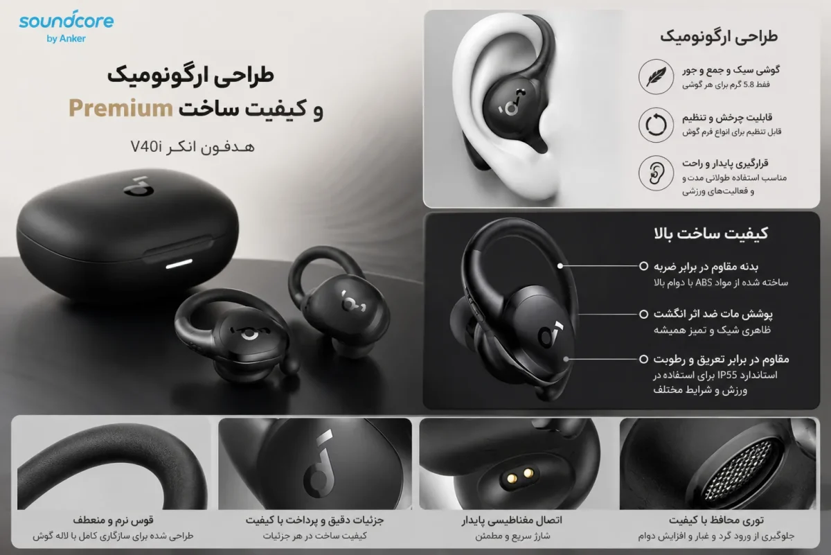 طراحی ارگونومیک و کیفیت ساخت بدنه هدفون انکر V40i