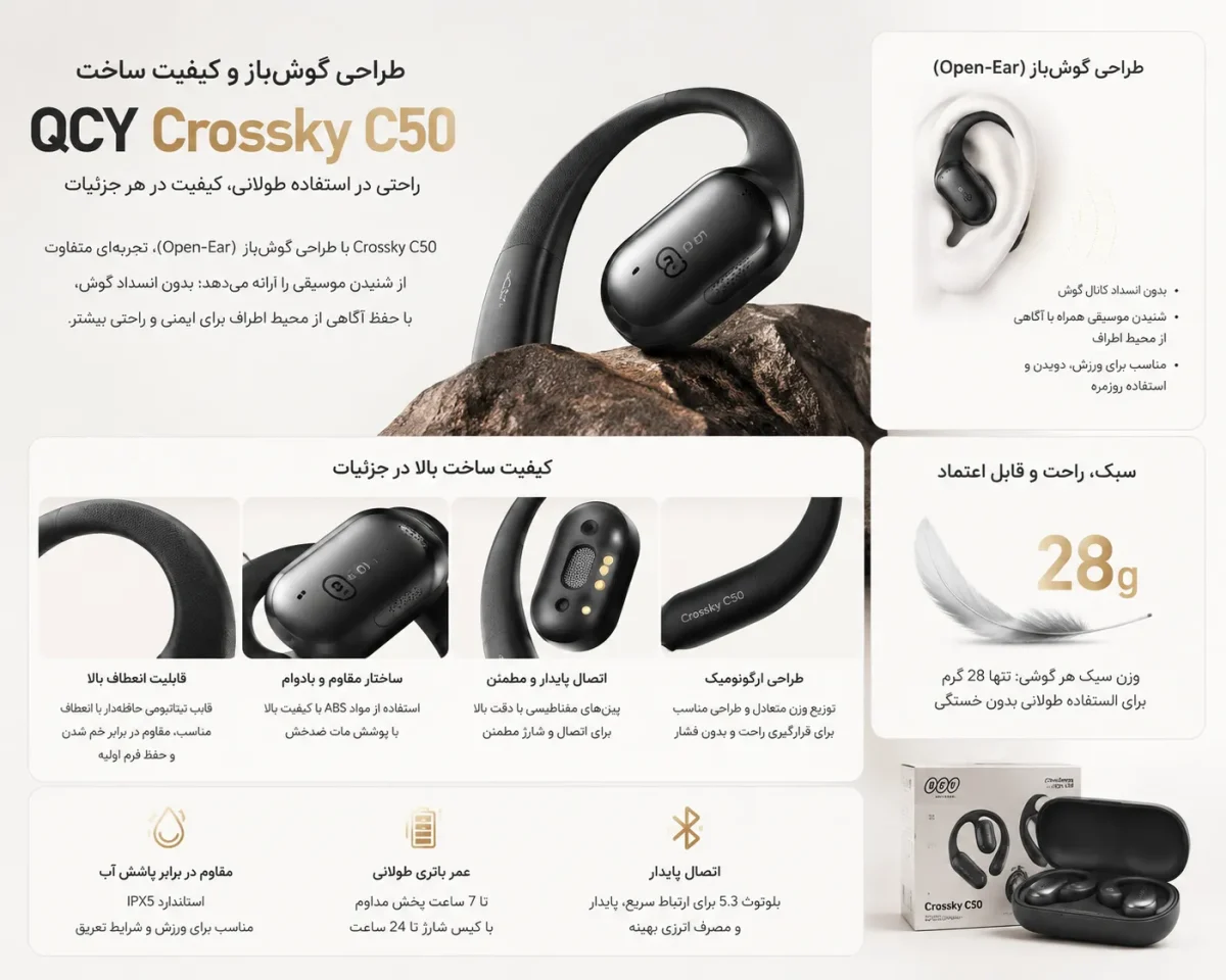 طراحی گوش‌باز و کیفیت ساخت هدفون کیو سی وای Crossky C50