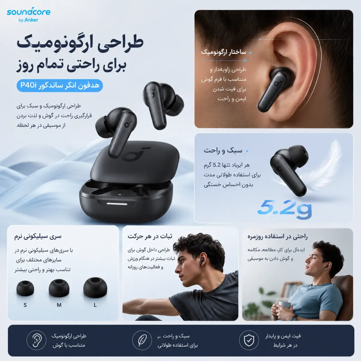 طراحی ارگونومیک هدفون انکر ساندکور P40i