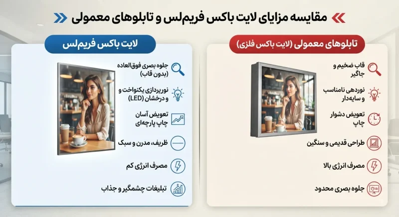 مقایسه مزایای لایت باکس فریم لس و تابلوهای معمولی
