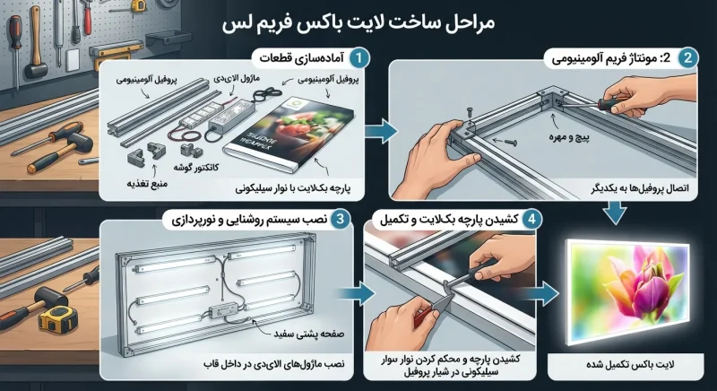 مراحل ساخت لایت باکس فریم لس و قطعات آن