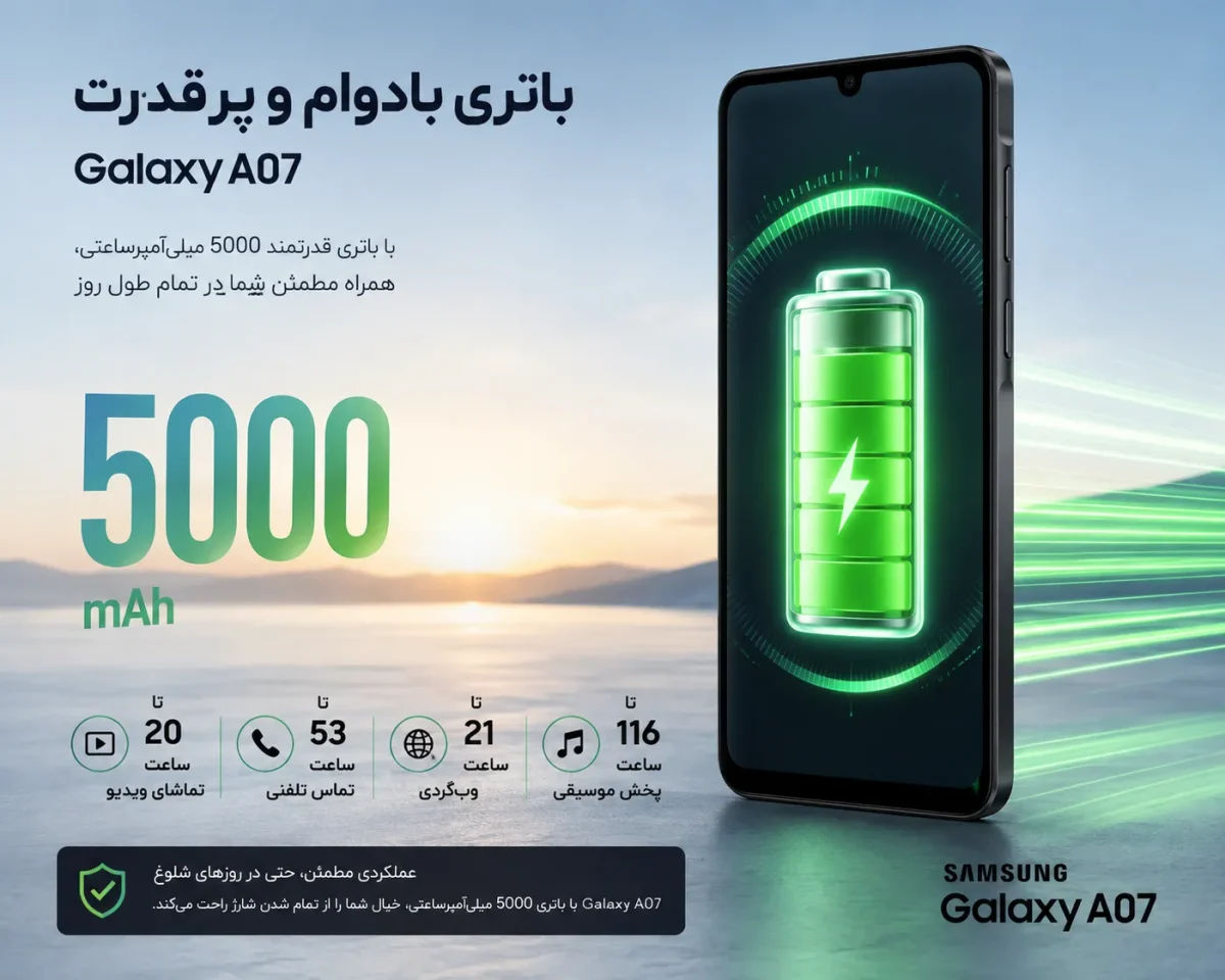 باتری بادوام و پرقدرت گوشی سامسونگ Galaxy A07