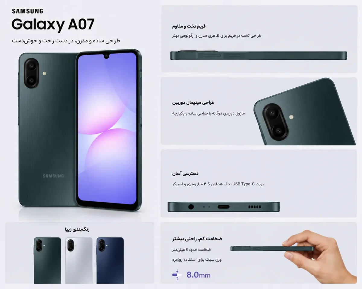 طراحی بدنه و فریم گوشی سامسونگ Galaxy A07