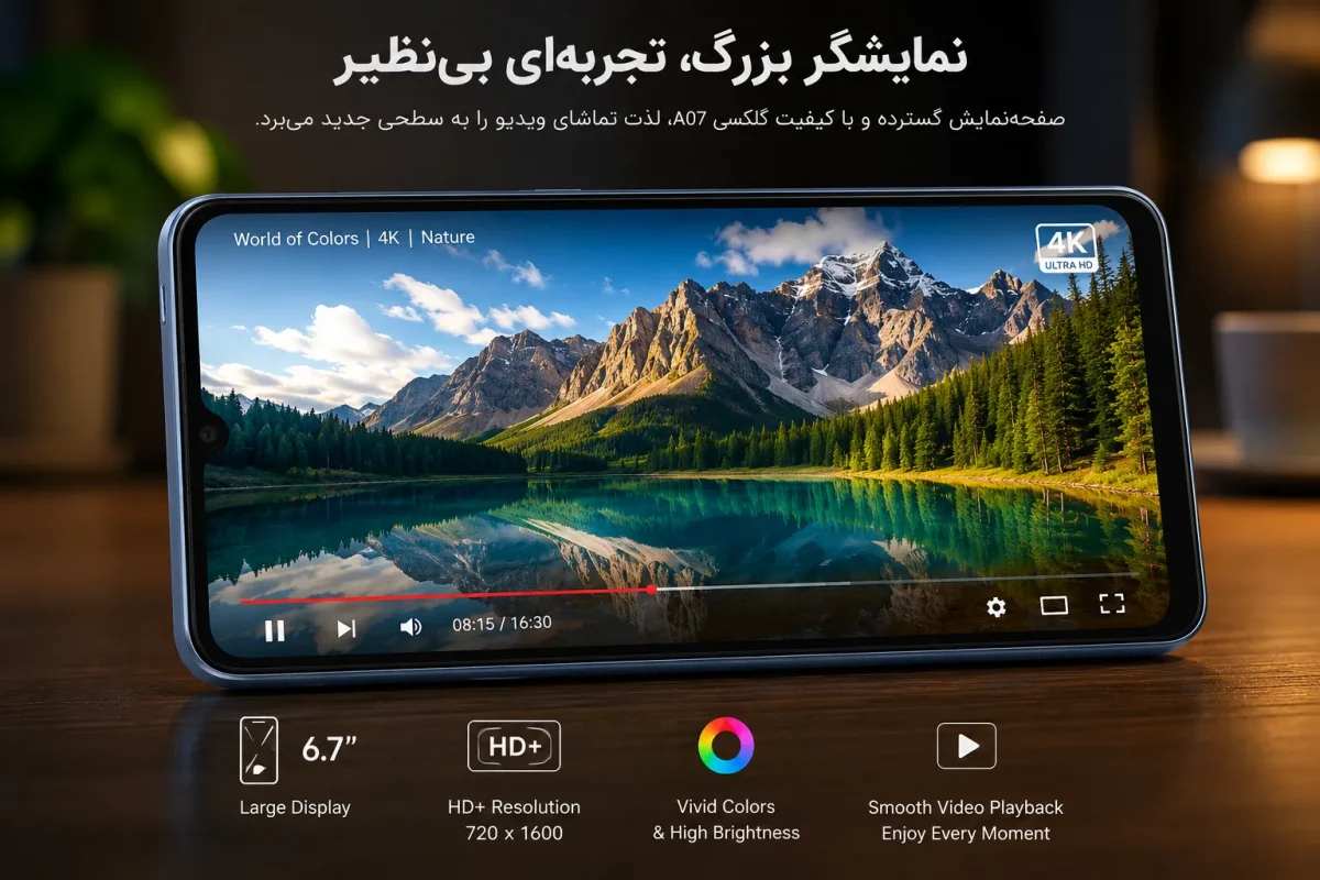 تصویری از نمایشگر بزرگ و با کیفیت گوشی گلکسی A07 در حال پخش ویدیو