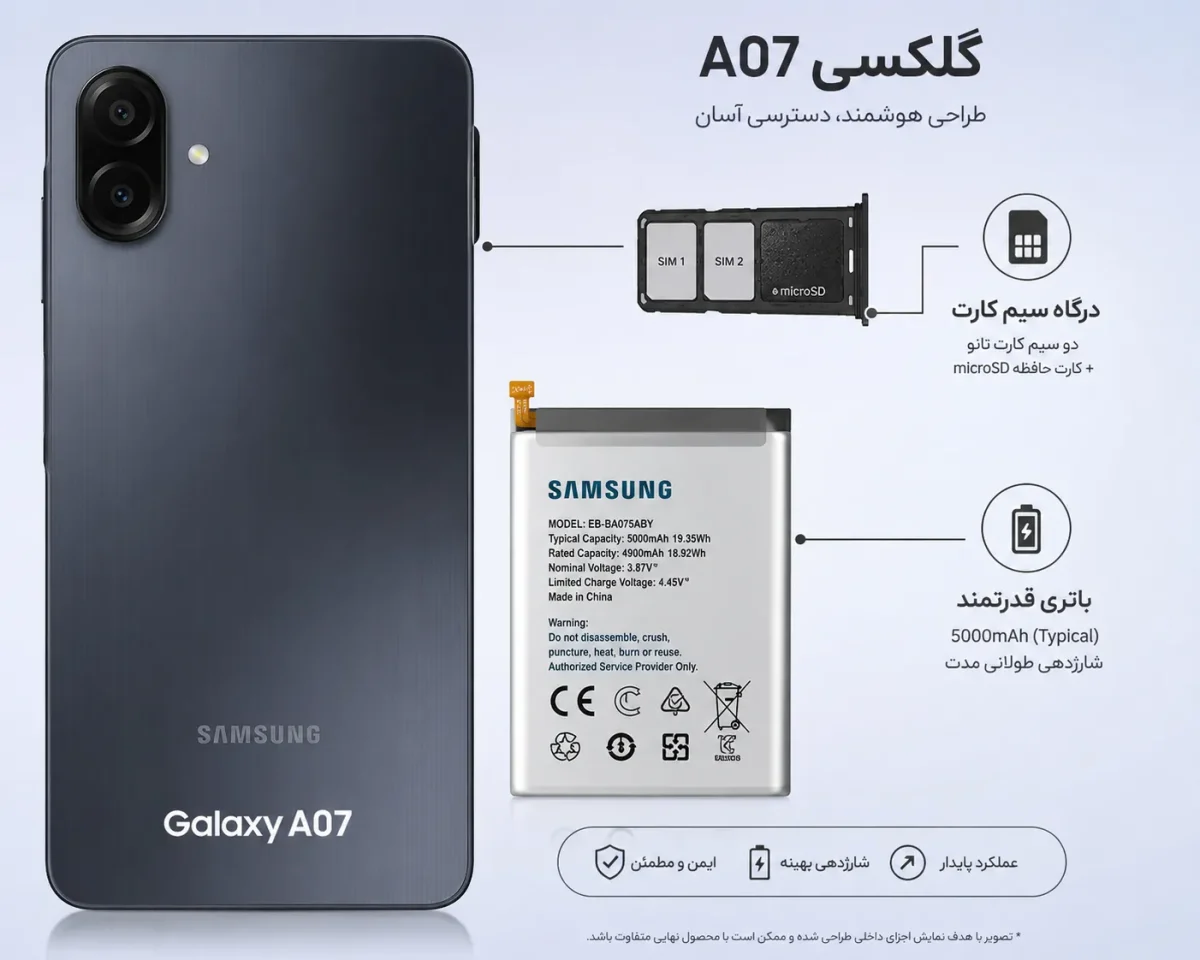 پشت گوشی گلکسی A07 با نمایش درگاه سیم کارت و باتری