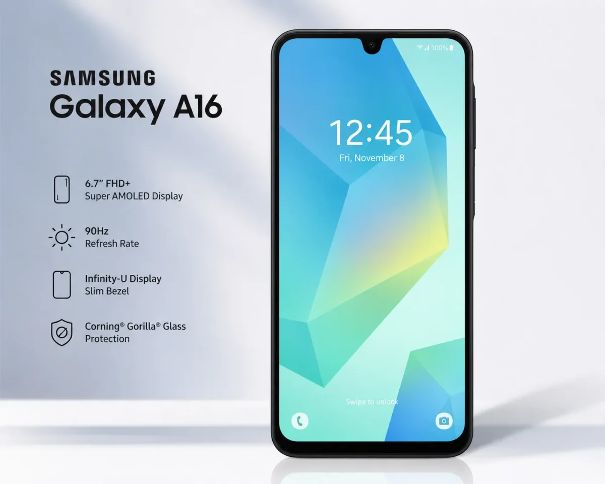 نمای جلویی و صفحه نمایش گوشی سامسونگ Galaxy A16