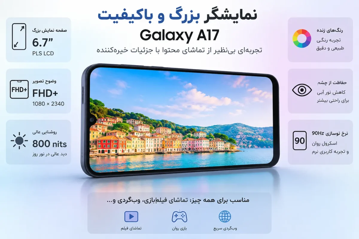 نمایشگر بزرگ و باکیفیت گوشی Galaxy A17