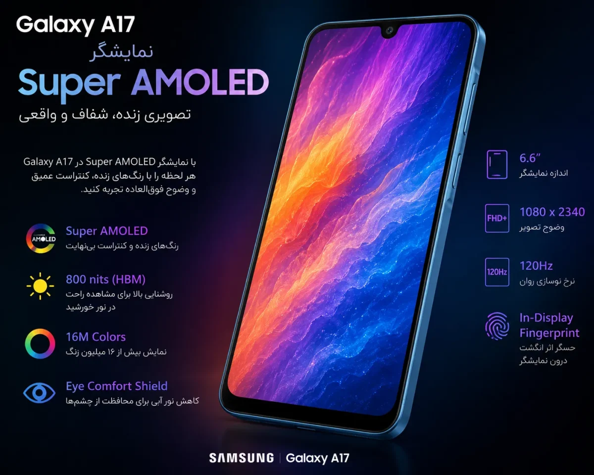 نمایشگر Super AMOLED گوشی سامسونگ Galaxy A17