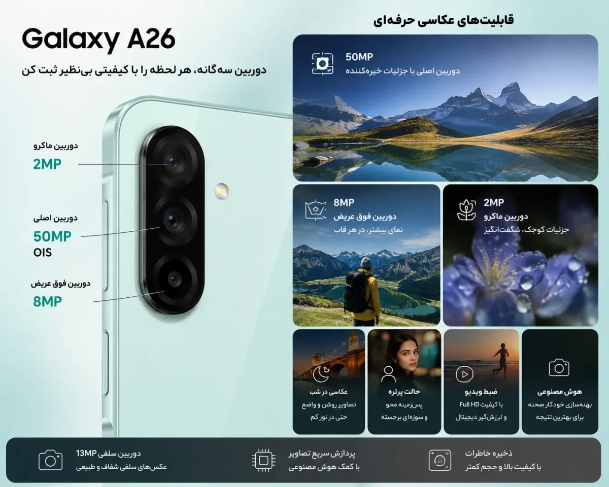 تصویر دوربین سه‌گانه و قابلیت‌های عکاسی گوشی Galaxy A26