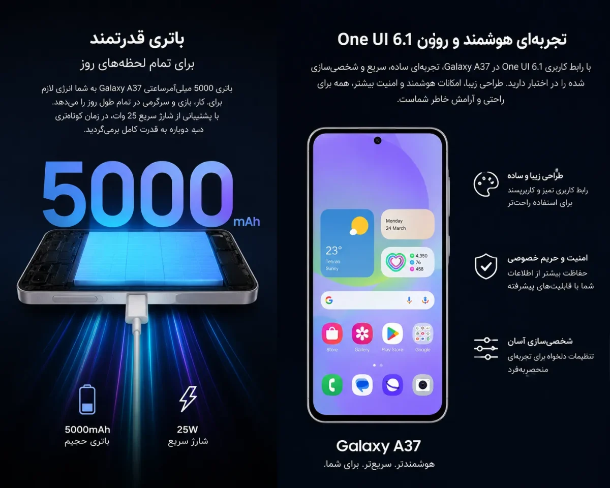 باتری و نرمافزار Galaxy A37 باتری و رابط کاربری گوشی سامسونگ Galaxy A37