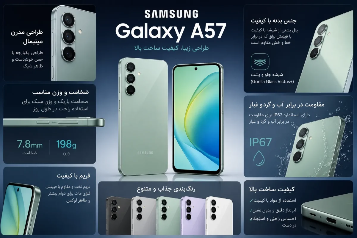 طراحی و کیفیت ساخت گوشی سامسونگ Galaxy A57