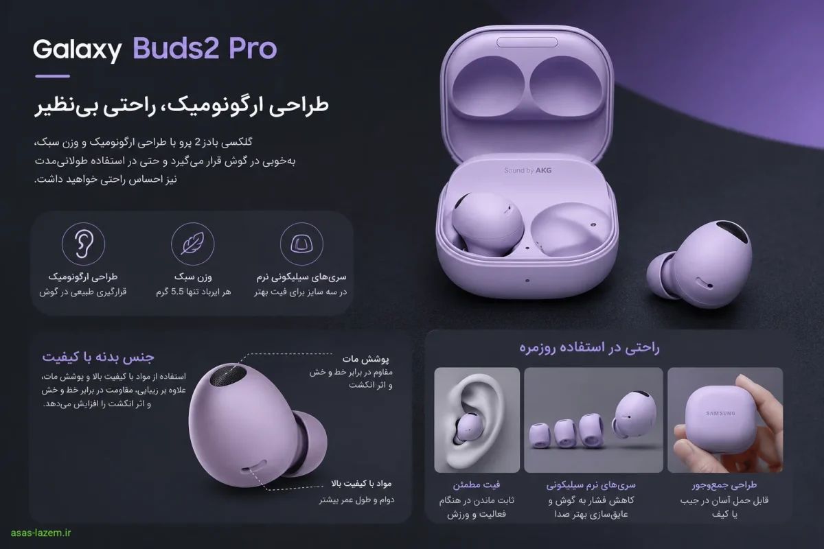 طراحی ارگونومیک و جنس بدنه هدفون Galaxy Buds2 Pro