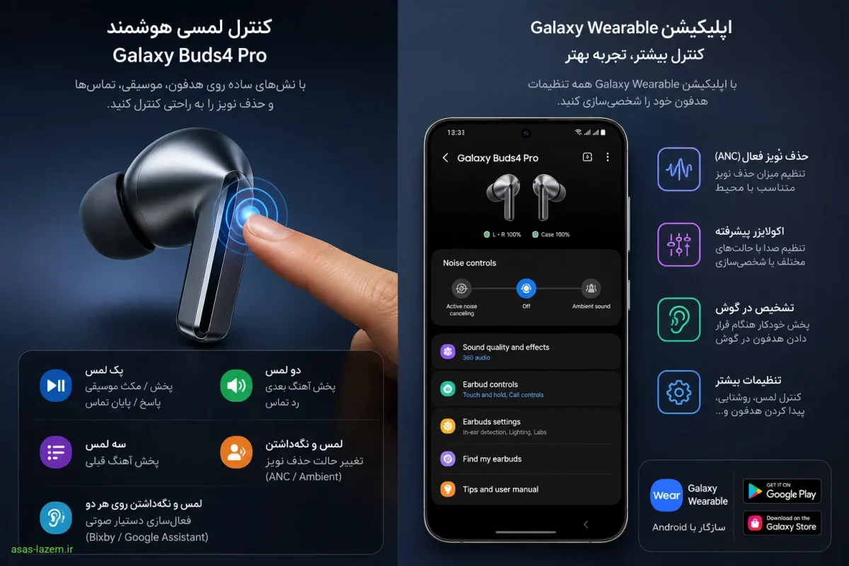 کنترل لمسی و اپلیکیشن گلکسی بادز 4 پرو سامسونگ