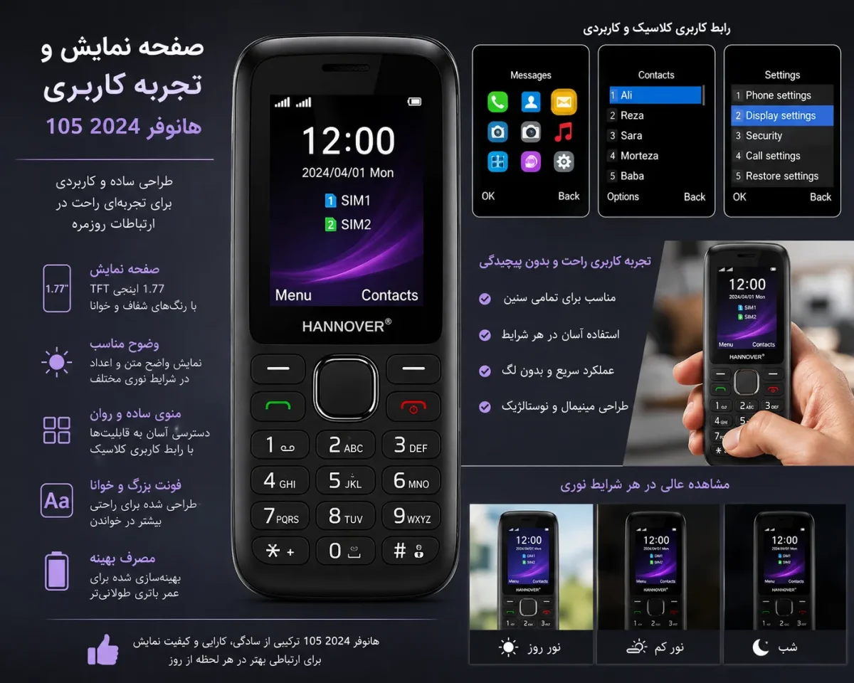 صفحه نمایش و تجربه کاربری گوشی هانوفر 105 2024
