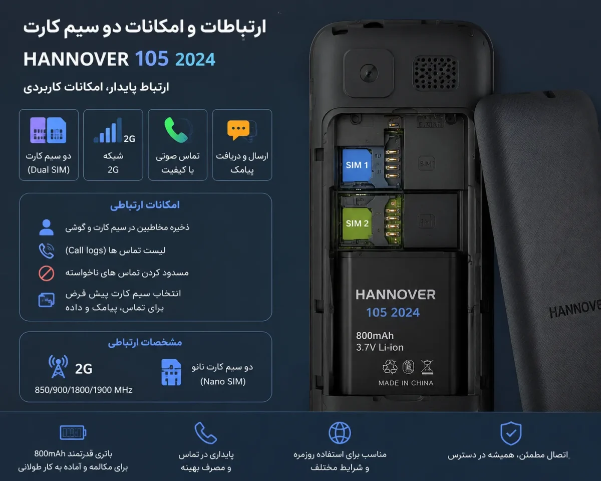 ارتباطات و امکانات دو سیم کارت گوشی هانوفر 105 2024