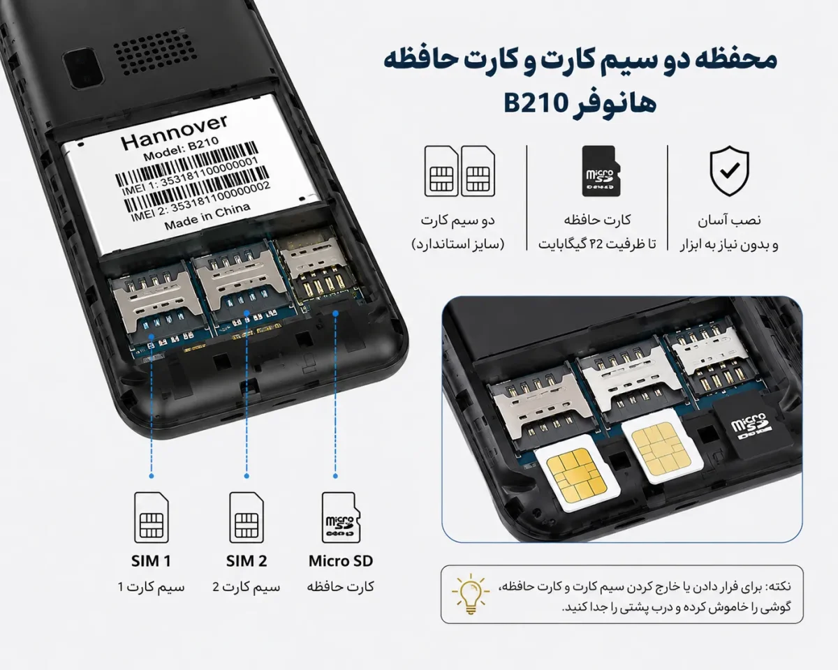 محفظه دو سیم کارت و کارت حافظه در گوشی هانوفر B210