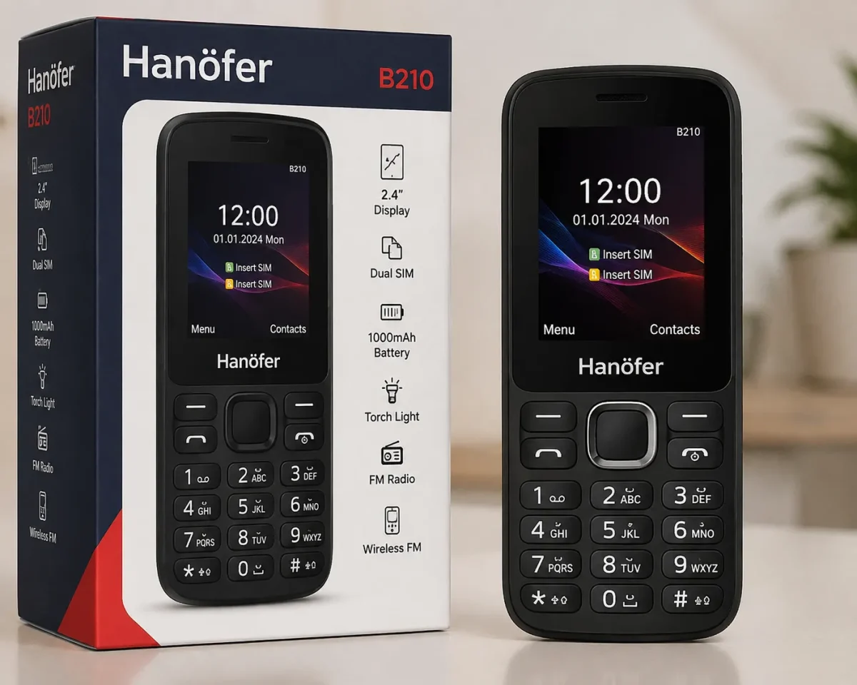 گوشی موبایل هانوفر مدل B210 در نمای جلویی و جعبه محصول