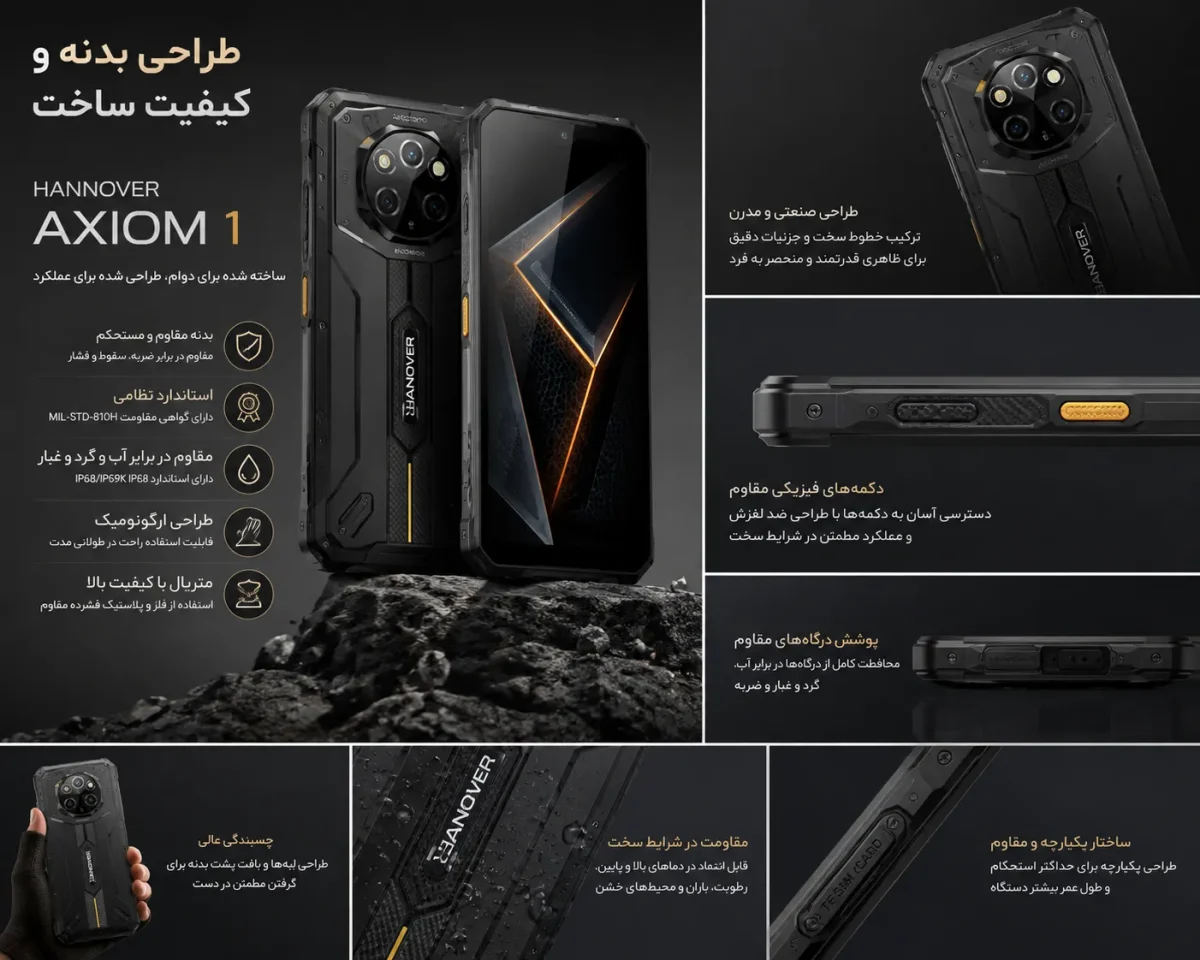 طراحی بدنه هانوفر Axiom 1 تصویر طراحی بدنه و کیفیت ساخت گوشی هانوفر اکسیوم 1