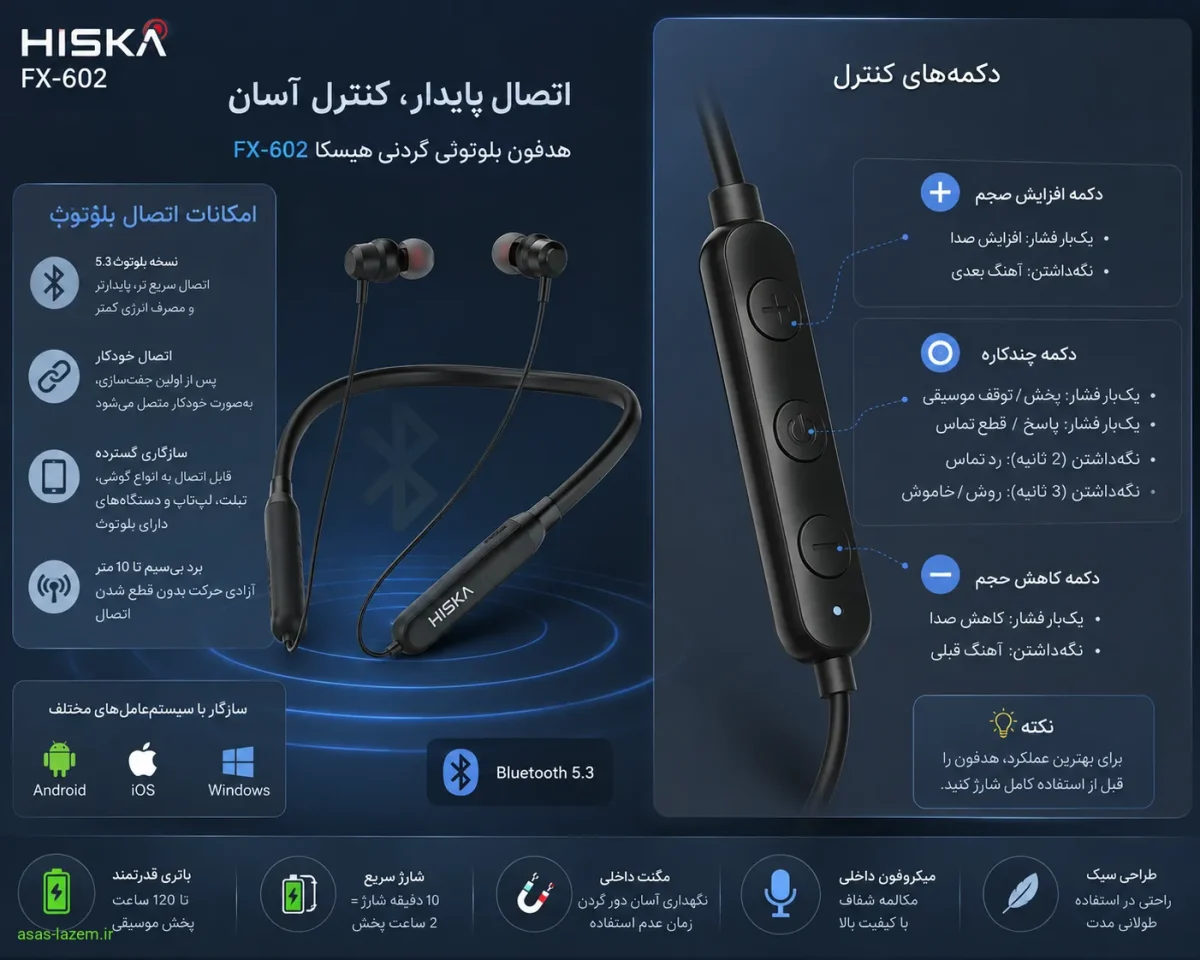 امکانات اتصال بلوتوث و دکمه های کنترل هدفون هیسکا FX-602