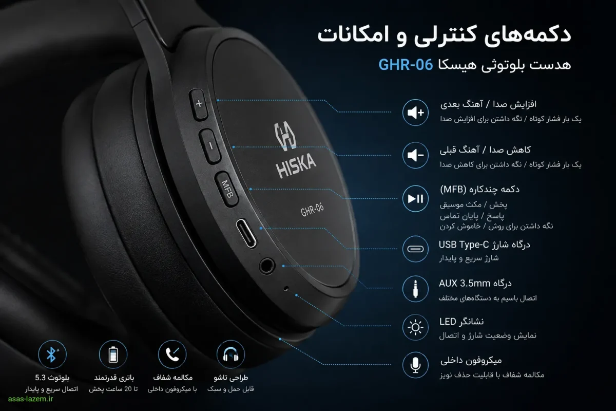 دکمه‌های کنترلی و امکانات روی بدنه هدست بلوتوثی هیسکا GHR-06