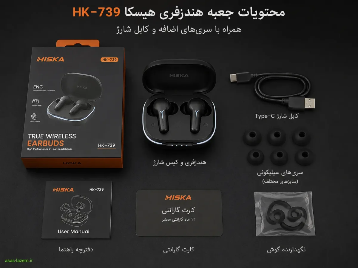 محتویات جعبه هندزفری هیسکا اچ کا 739 به همراه سری‌های اضافه و کابل شارژ