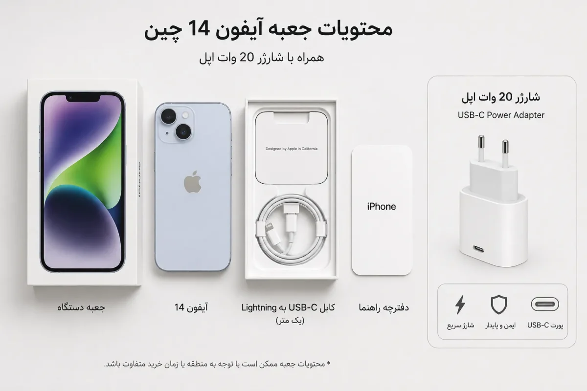 جعبه آیفون 14 CH به همراه شارژر 20 وات اپل محتوای جعبه آیفون 14 چین و شارژر 20 وات اپل
